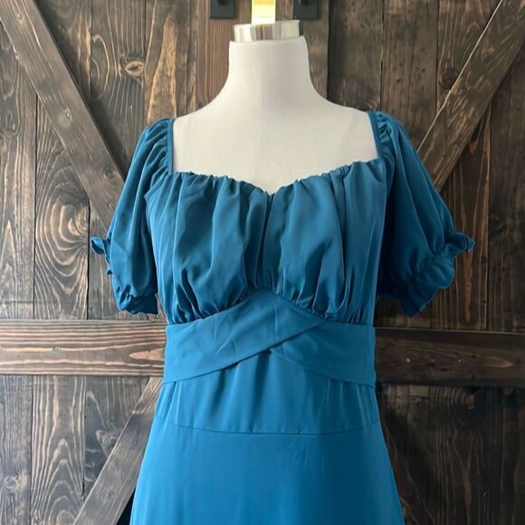 LYANER Women's Off Shoulder Ruffle Wrap Short Puff Sleeve Tie Back Ruched Dress - Picture 3 of 11